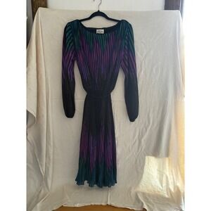 Lady Match Mates Vintage Accordion Pleat Midi Dress Abstract Purple Teal Black